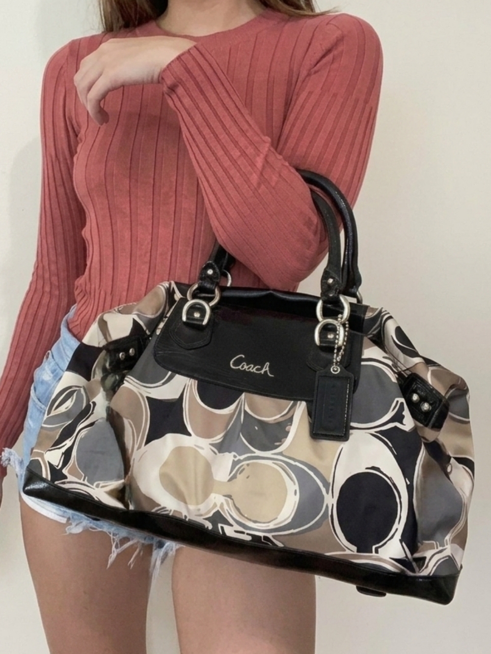 COACH Poppy Pop C Graffiti Appliqué Satchel Handbag - Black & Khaki - Picture 9 of 16